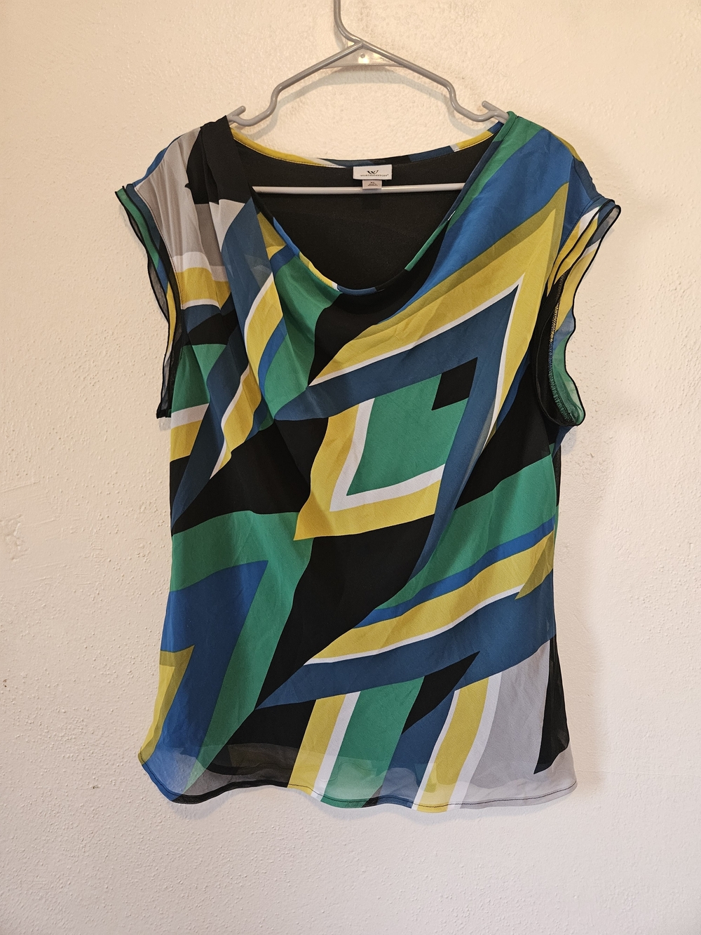 Worthington Geometric Cap-Sleeve Blouse — Green Blue Yellow Black